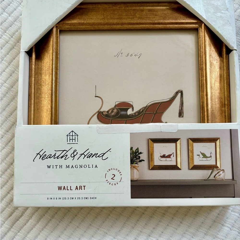 Hearth & Hand with Magnolia Vintage Christmas Sleigh Framed Wall Art 8”x8” NWT